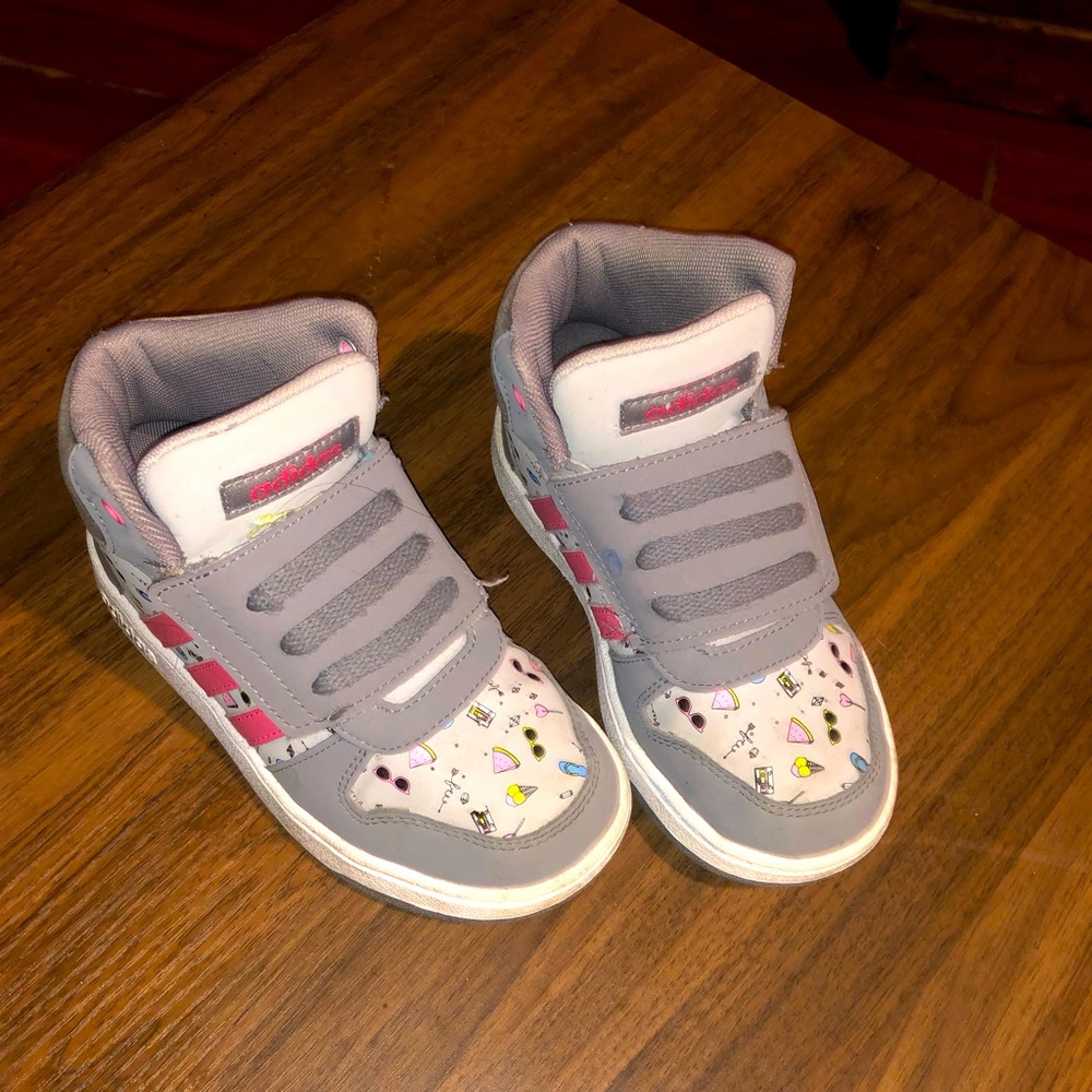 Girls size 10 Pink and gray Adidas high top sneakers.